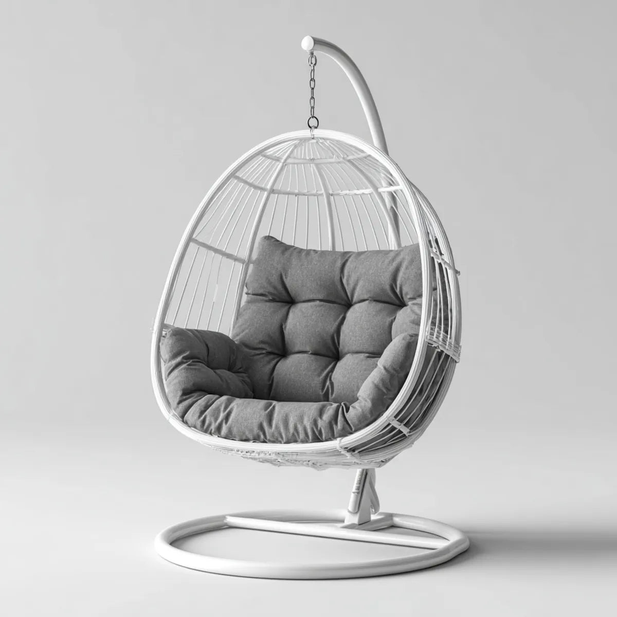 Hamak lub fotel wiszący, Krzesło wiszące na białym nożu z poduszką o kształcie szarego jajka 95 x 95 x 195 cm stali i poliestru