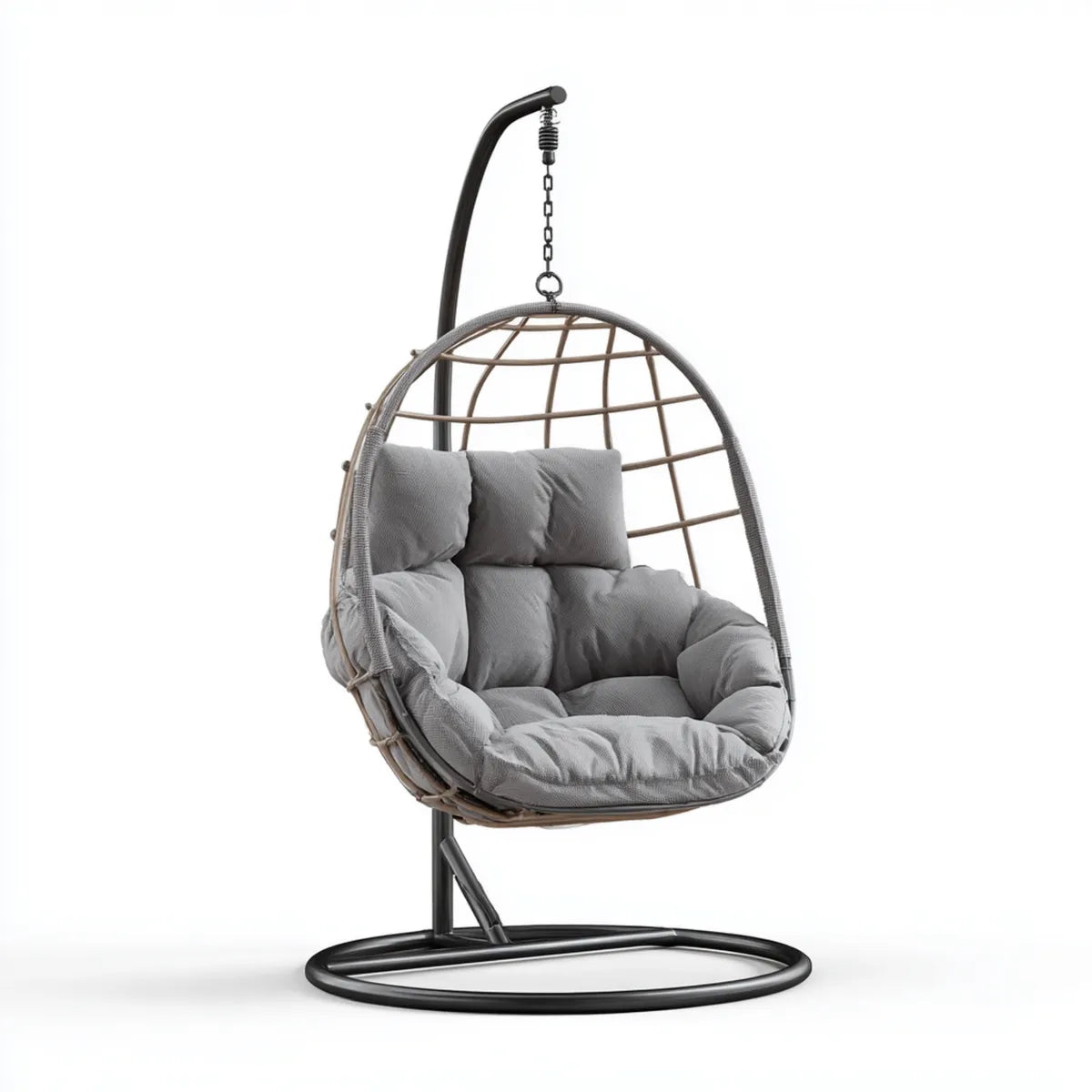 Hamak lub fotel wiszący, Jajko na krześle na stopie szarej i brązowej stali i rattan PE 104 x 104 x 195 cm
