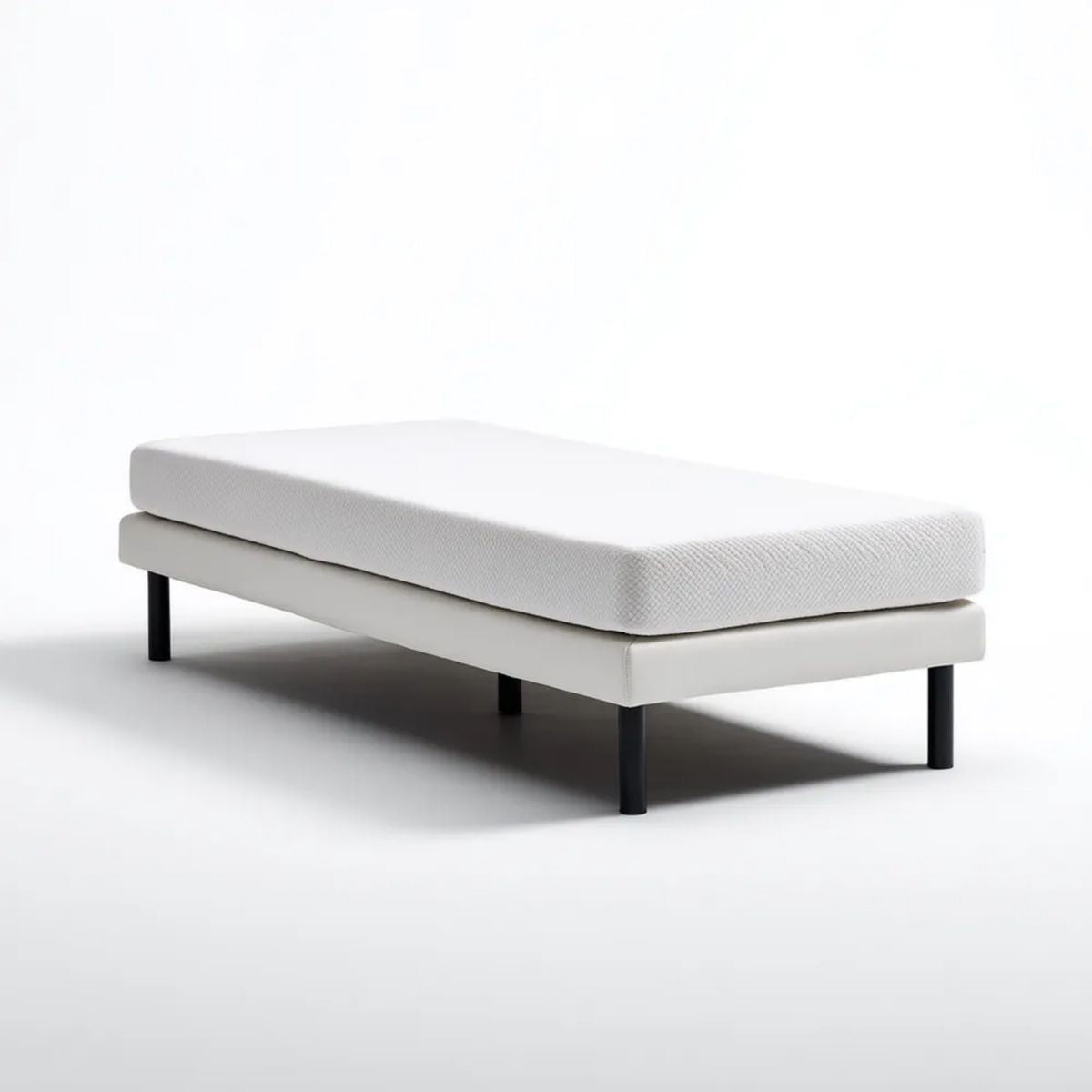 Łóżko pojedyncze, Bed 90 x 190 cm z tapicerką, plastikową skrzynką, pianką i czarne stalowe nogi