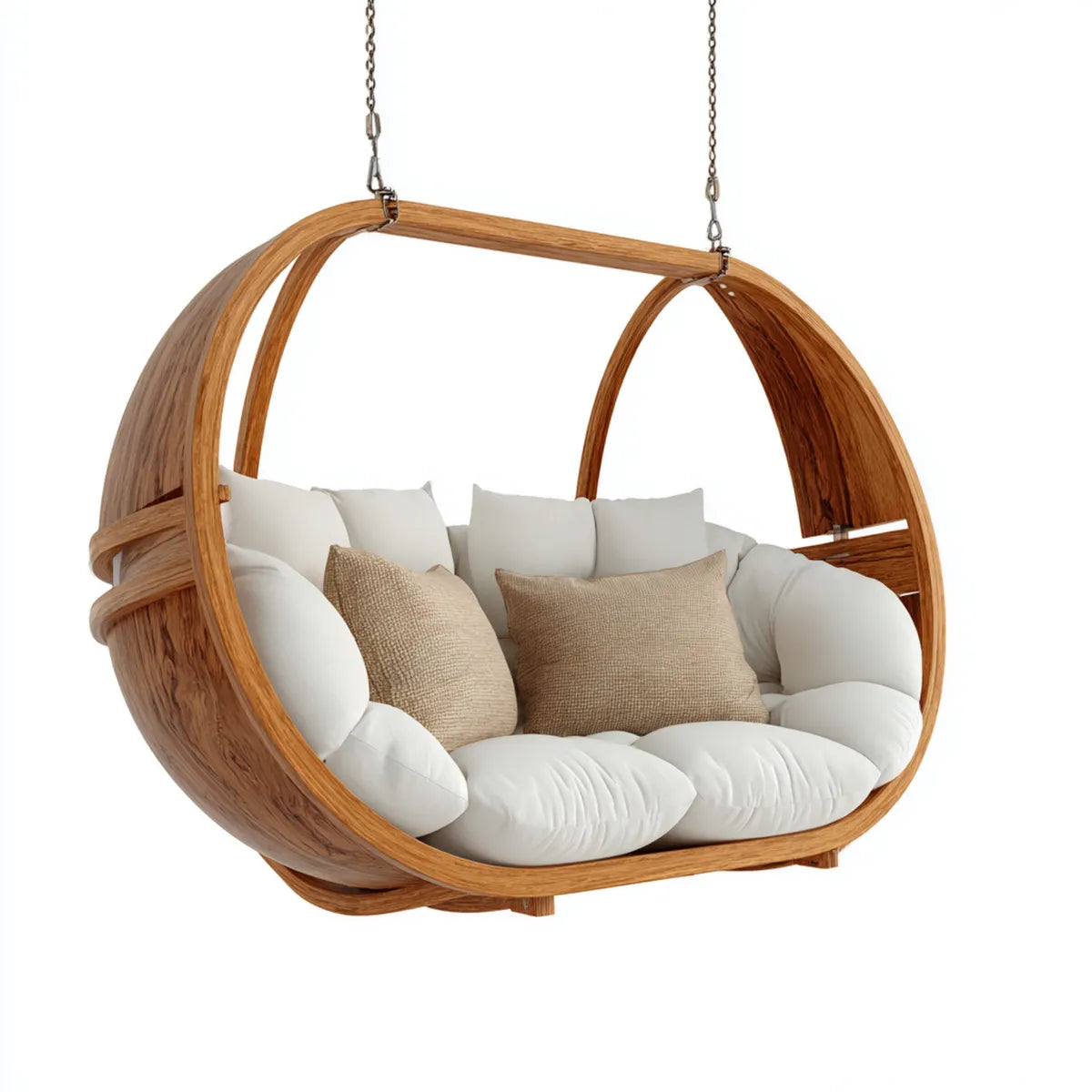 Hamak lub fotel wiszący, Suspended sofa 2-osobowa naturalny brązowy biały z drewna laminowanego i poliester 180 x 100 x 130 cm
