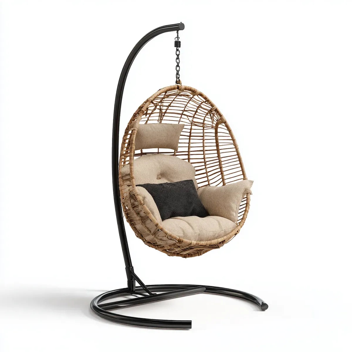 Hamak lub fotel wiszący, Wiszące krzesło z ramą Przyroda Beżowa czarny 105 x 105 x 195 cm rattan poliestrowa stal w kształcie jaj