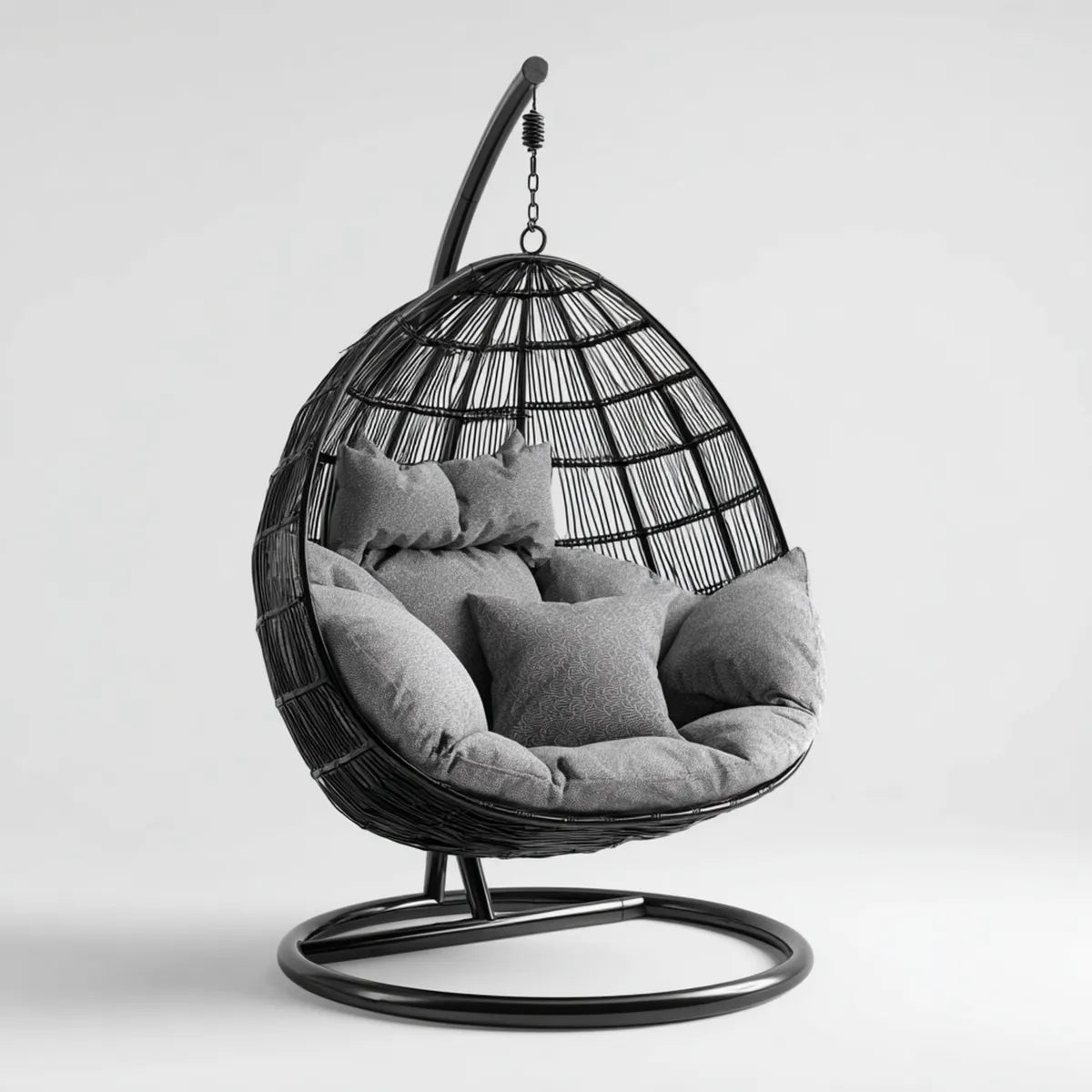 Hamak lub fotel wiszący, Czarno-szare krzesło ogrodowe wiszące w stali i tkane jaja żywiczne o kształcie 105 x 75 x 195 cm