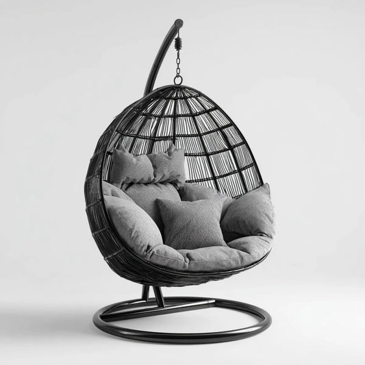 Hamak lub fotel wiszący, Czarno-szare krzesło ogrodowe wiszące w stali i tkane jaja żywiczne o kształcie 105 x 75 x 195 cm