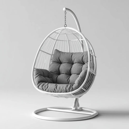 Hamak lub fotel wiszący, Krzesło wiszące na białym nożu z poduszką o kształcie szarego jajka 95 x 95 x 195 cm stali i poliestru