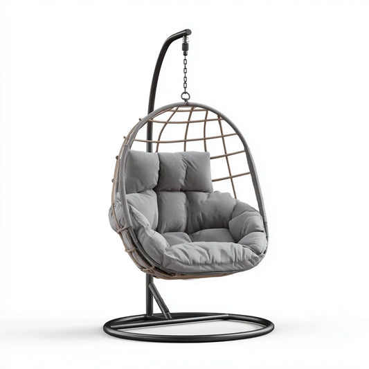 Hamak lub fotel wiszący, Jajko na krześle na stopie szarej i brązowej stali i rattan PE 104 x 104 x 195 cm