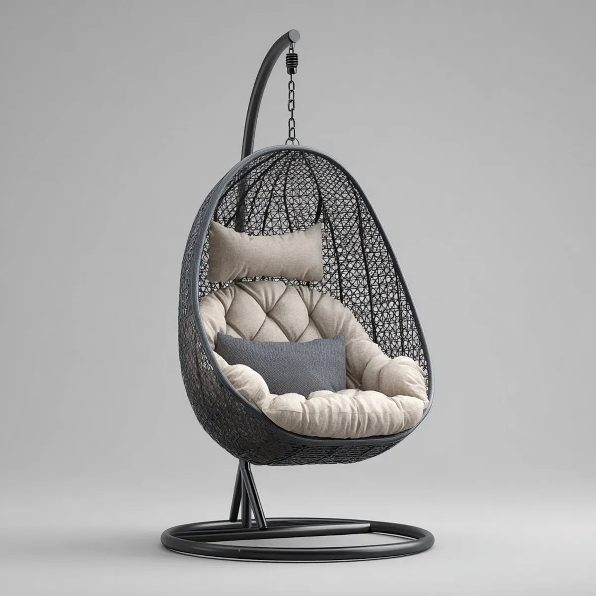 Hamak lub fotel wiszący, Ogród wiszące krzesło czarne jajko z beżowymi poduszkami szare z plecionej żywicy i stali 105 x 105 x 195 cm