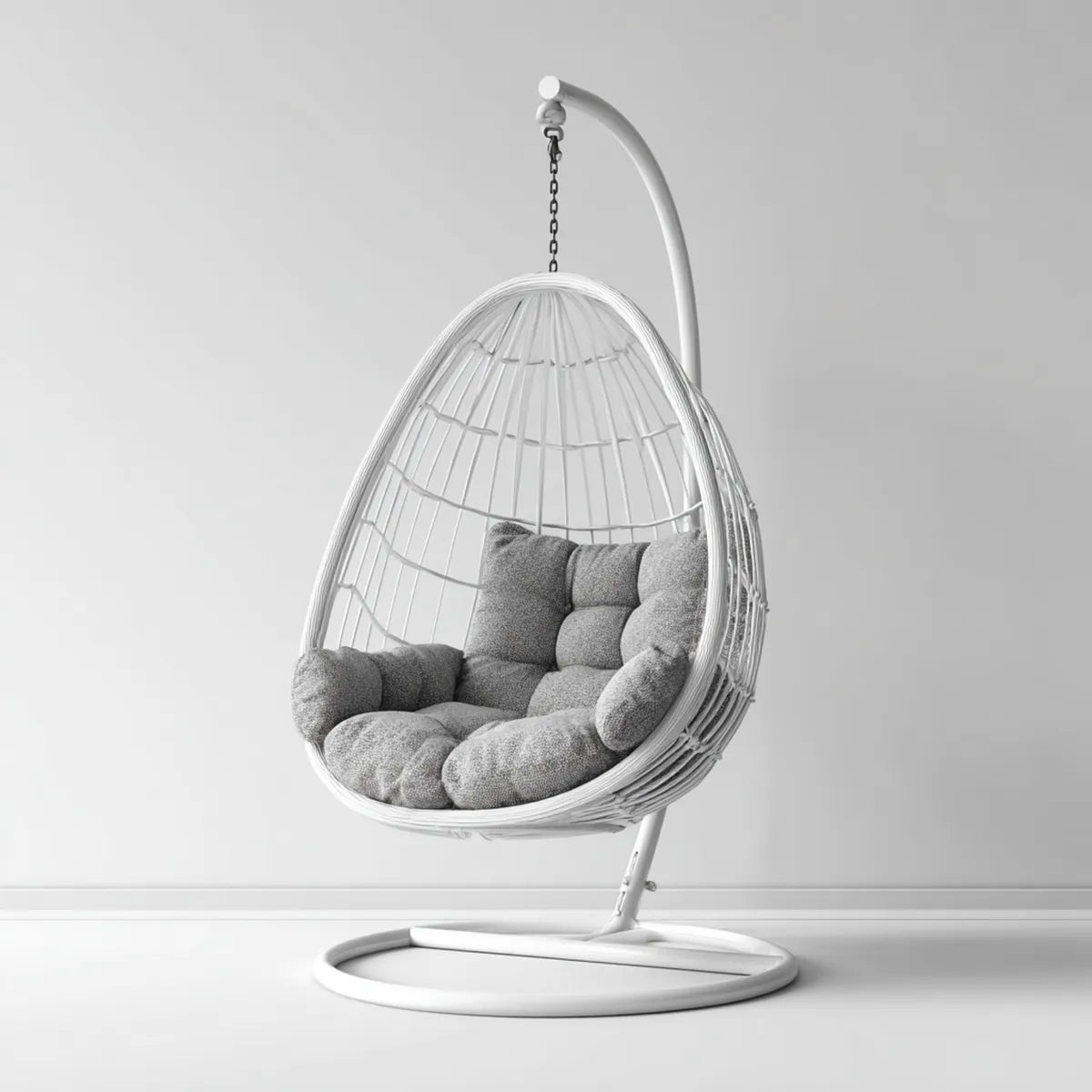 Hamak lub fotel wiszący, Jajko na stopach białej i szarej stali i żywicy plecionej 105 x 105 x 195 cm