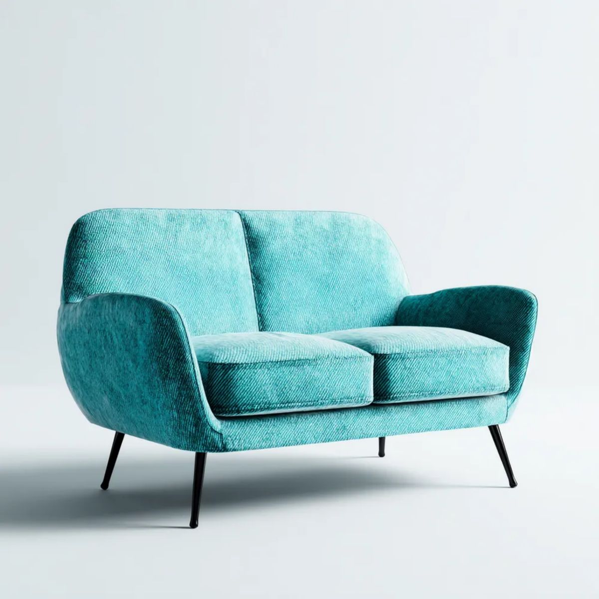 Sofa, Turkusowy 2-osobowa sofa w poliestrze Belivelvet, czarny metal belifetalowy nóżki, 145 x 78 x 82 cm