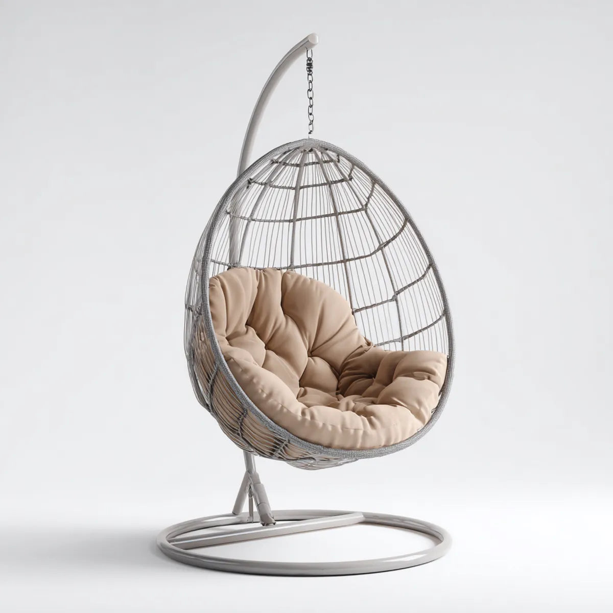 Hamak lub fotel wiszący, Krzesło wiszące na nogach ze stali szarej i beżowej oraz syntetyczny rattan 105 x 105 x 195 cm