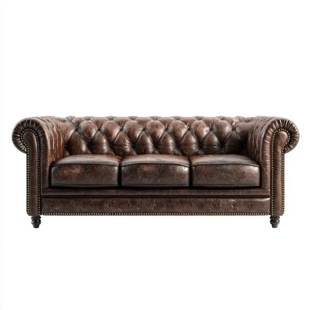 Sofa, Chesterfield sofa 3 ciemnobrązowa w poliuretanowej skórze, 205 x 90 x 75 cm