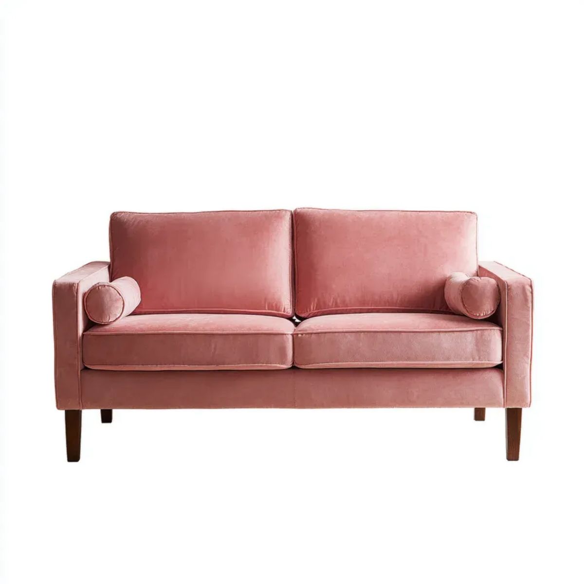 Sofa, 2-osobowa sofa różowa puder poliester betonvelt, ciemnobrązowe nóżki, 150 x 85 x 85 cm