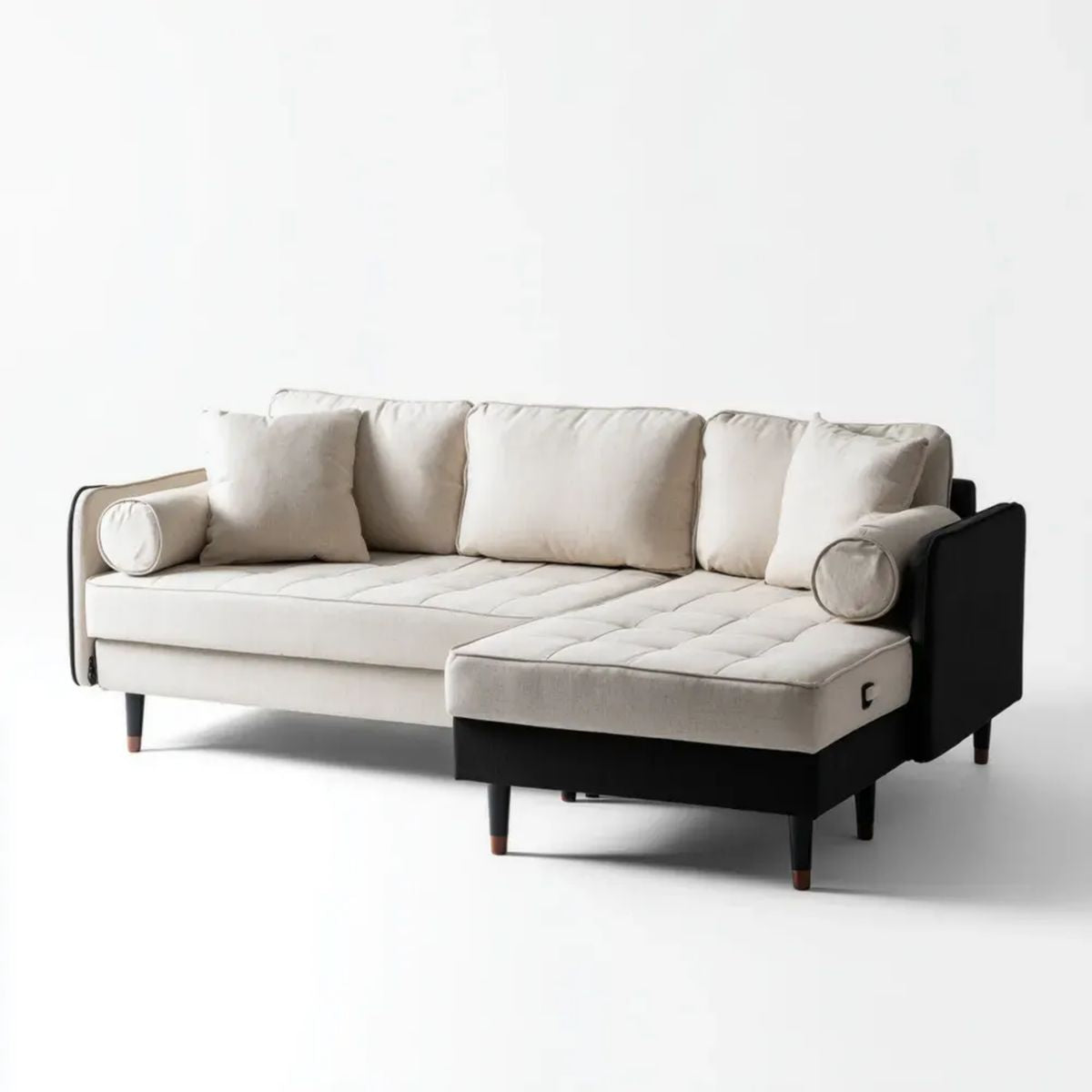 Sofa, Odwracalna, rozkładana sofa w kremie i czarnej tkaniny, 230 x 150 x 85 cm
