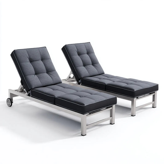 Leżanka ogrodowa, Zestaw 2 łóżka opalające szare antracyty ogród solarium w aluminium z poduszkami poliestrowymi 200 x 65 x 31 cm