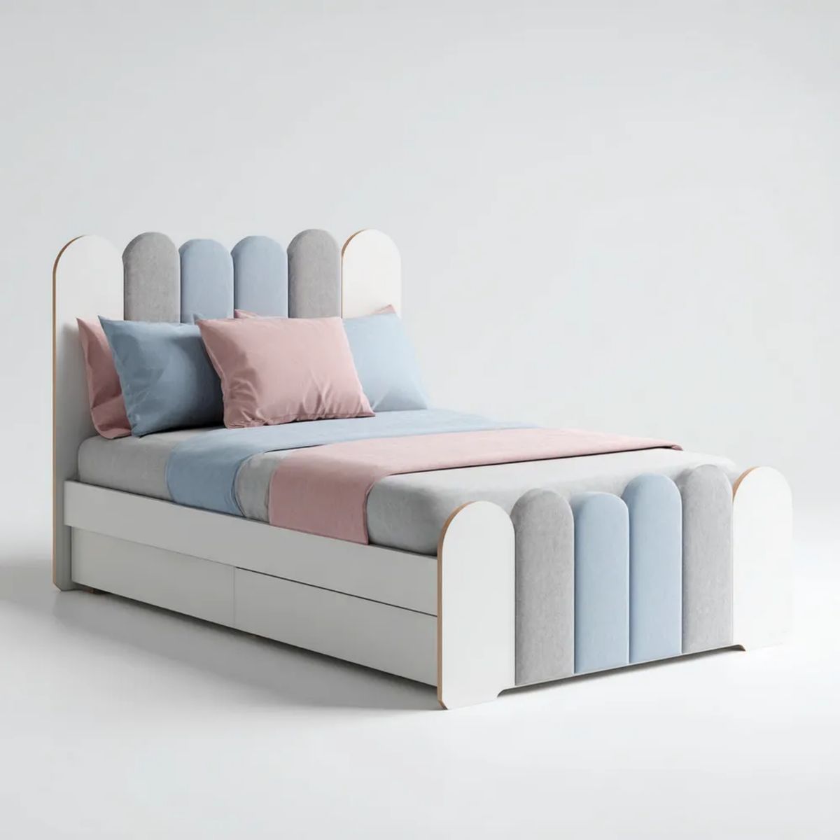 Łóżko pojedyncze, Jednobarwne łóżko dziecięce 90 x 190 cm biały, jasnoszary i białobrązowy w płytach MDF birmańskich z zaokrąglonymi panelami z tapicerowanego sufitu