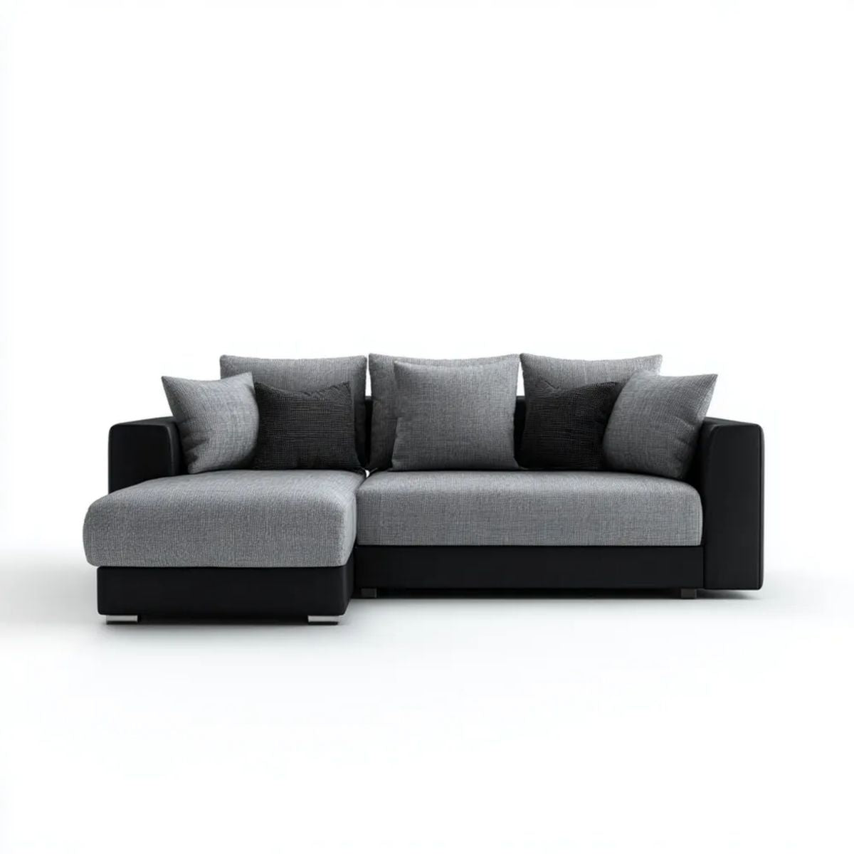 Sofa, 3-osobowa w lewym narożniku sofa w czarnym i szarym poliestrze i skórzanym PU, 235 x 160 x 85 cm