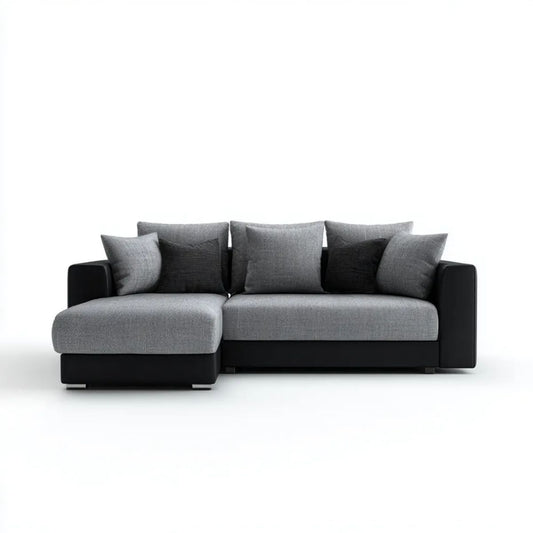 Sofa, 3-osobowa w lewym narożniku sofa w czarnym i szarym poliestrze i skórzanym PU, 235 x 160 x 85 cm