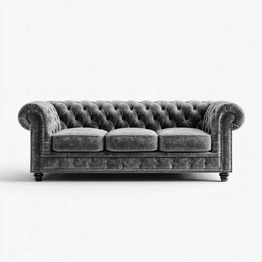 Sofa, Chesterfield sofa prosto 3 miejsca szary antracyt wiklinowy 225 x 90 x 80 cm