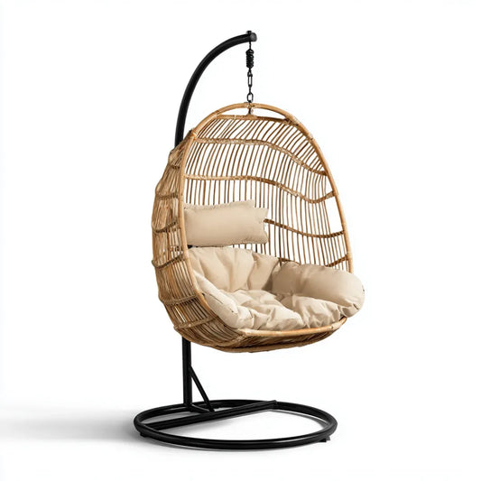Hamak lub fotel wiszący, Wiszące krzesło z ramą naturalna Beżżaj 105 x 105 x 195 cm Stal rattan Oval