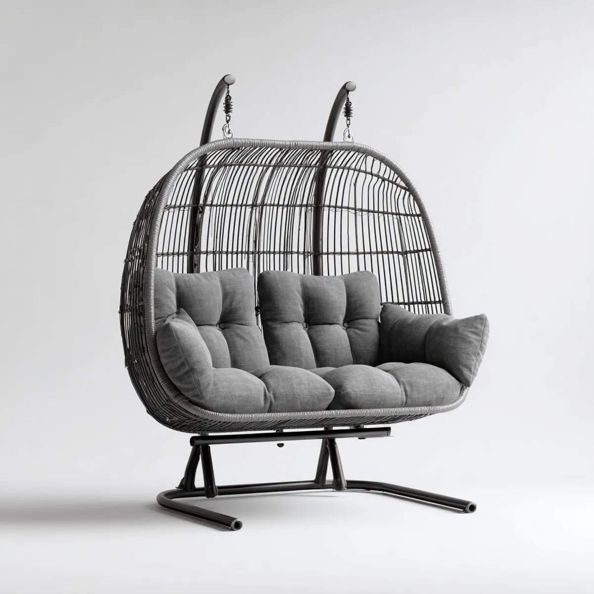 Hamak lub fotel wiszący, Podwójne wiszące krzesło szary czarny 130 x 75 x 170 cm ze stali i PE- rattan owalne